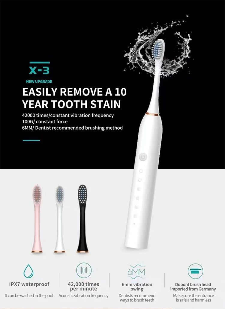 Electric Ultrasonic Toothbrush USB Charging Waterproof Adult